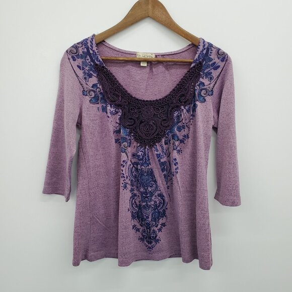 Live and Let Live Purple Embellished Boho Top Womens S Paisley Print 3/4 Sleeve - Picture 4 of 16